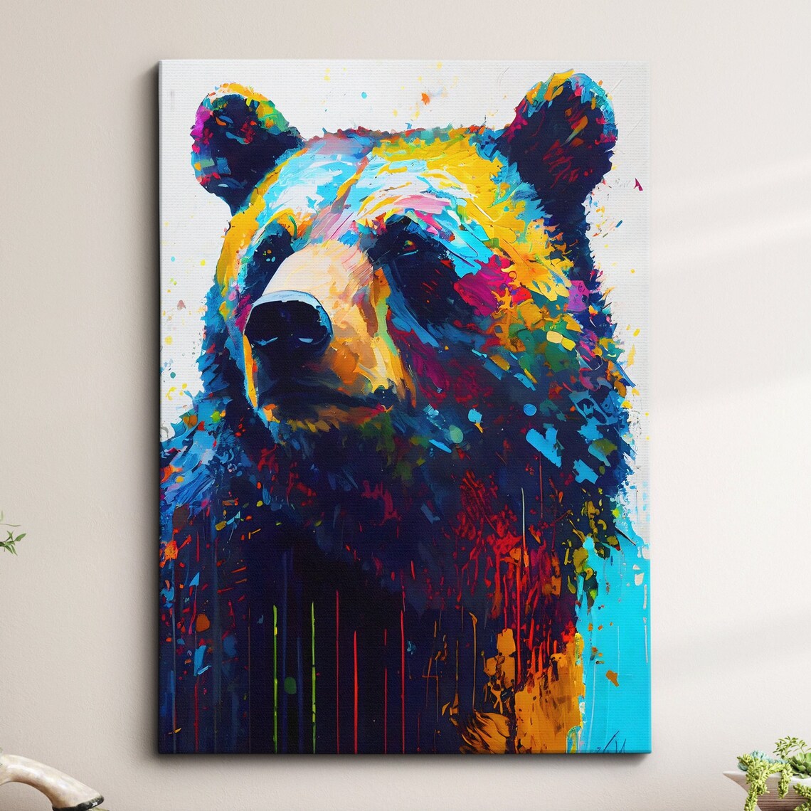 Colorful Bear Portrait in Splatter Style Modern Wildlife Art Poster