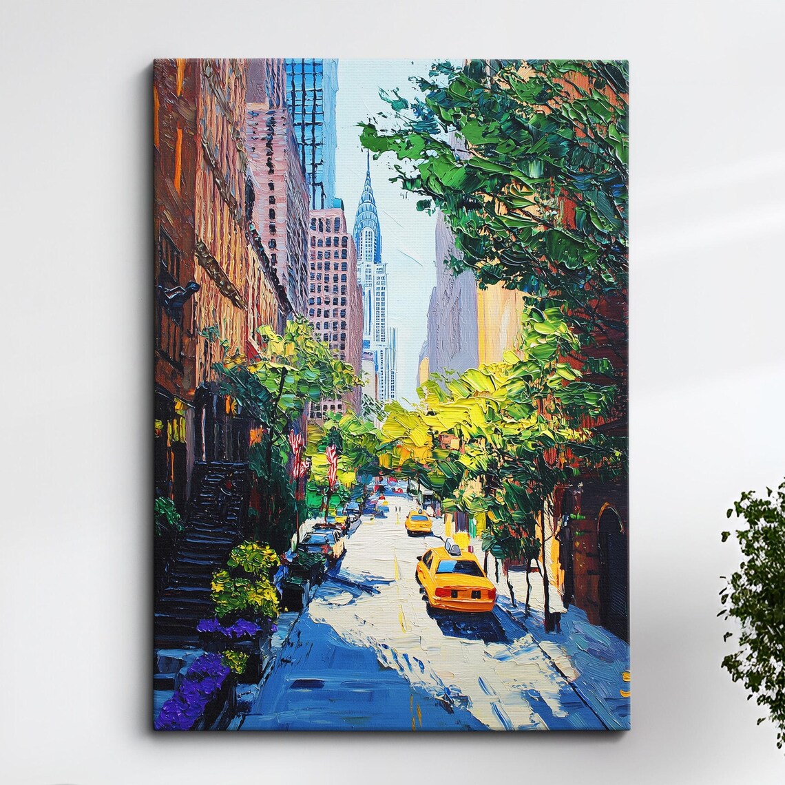 New York City Chrysler Building Yellow Taxi Street Oil Painting Poster