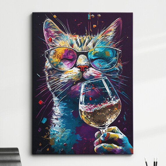 Cool Cat In Sunglasses Drinking Wine Paint Splatter Modern Art Poster