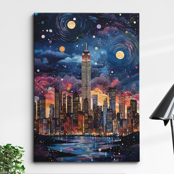 New York Starry Night Abstract Oil Painting Style Wall Art Framed Canvas Poster Print Home Kitchen Office Room Decor Gifts