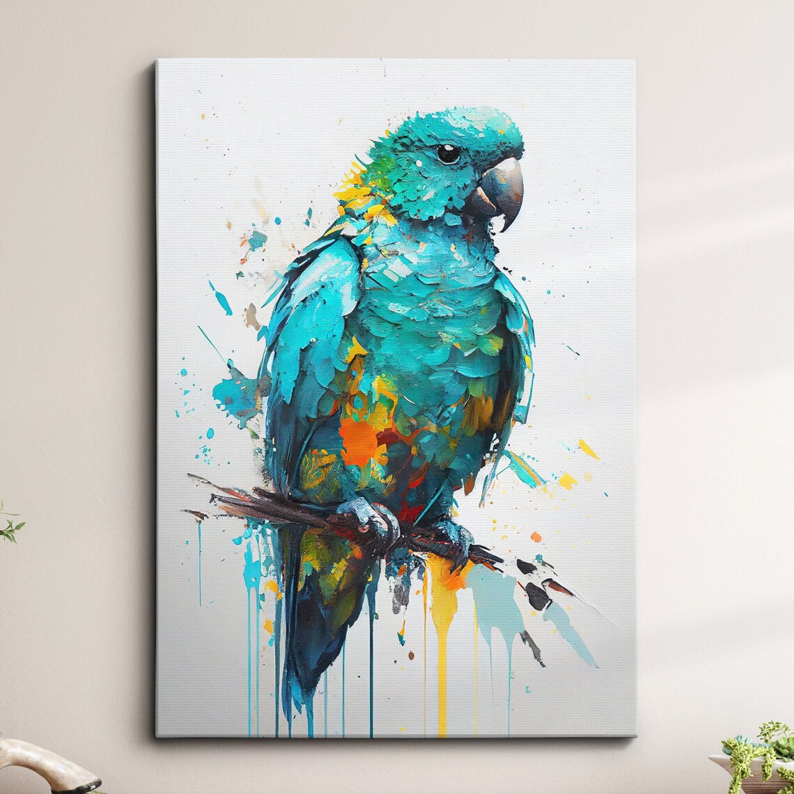 Turquoise Parrot Paint Splatter Bird Portrait on White Canvas Poster