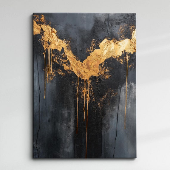 Modern Abstract Black Gold Minimalist Geometric Oil Painting Wall Art Framed Canvas Poster Print Home Living Room Decor Gift Ideas