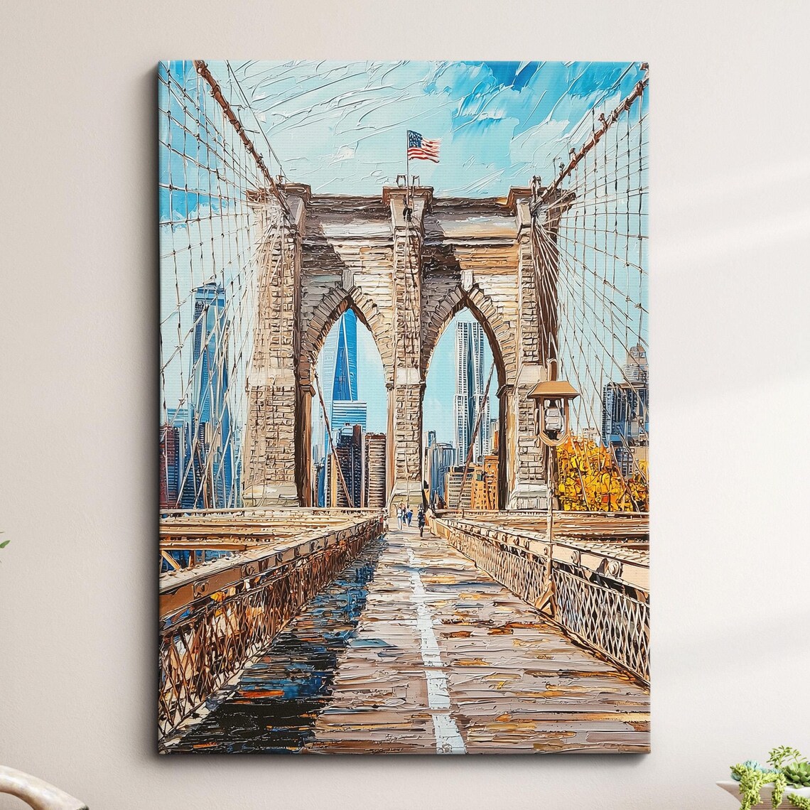 Brooklyn Bridge Pedestrian Walkway American Flag Palette Knife Poster