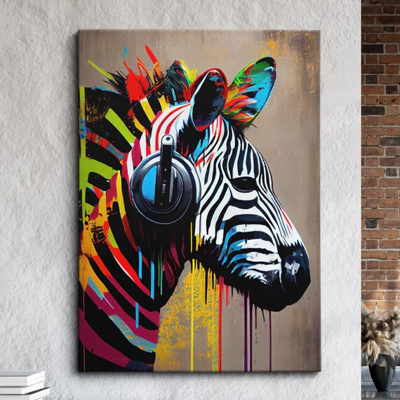 Zebra Wearing Headphones Abstract Oil Painting Canvas Art Funky Wall Framed Poster Print Homeoffice Room Decor Gifts