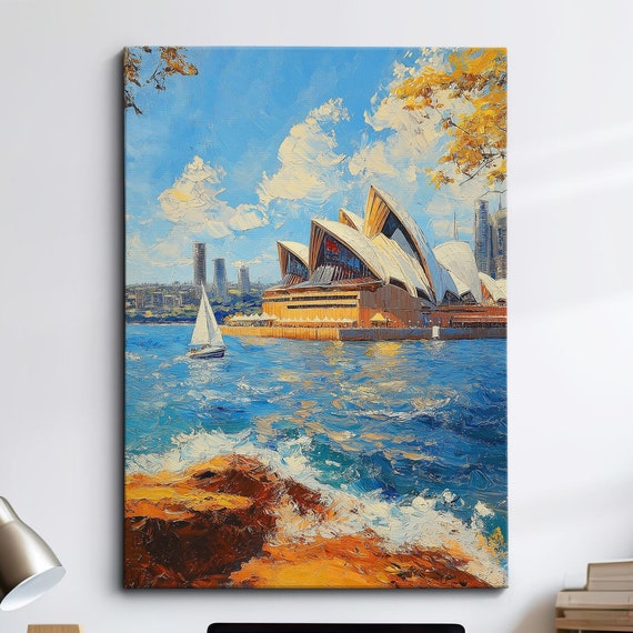 Sydney Opera House Abstract Painting Palette Knife Strokes Style Wall Art Framed Canvas Poster Print Home Kitchen Living Room Decor Gift