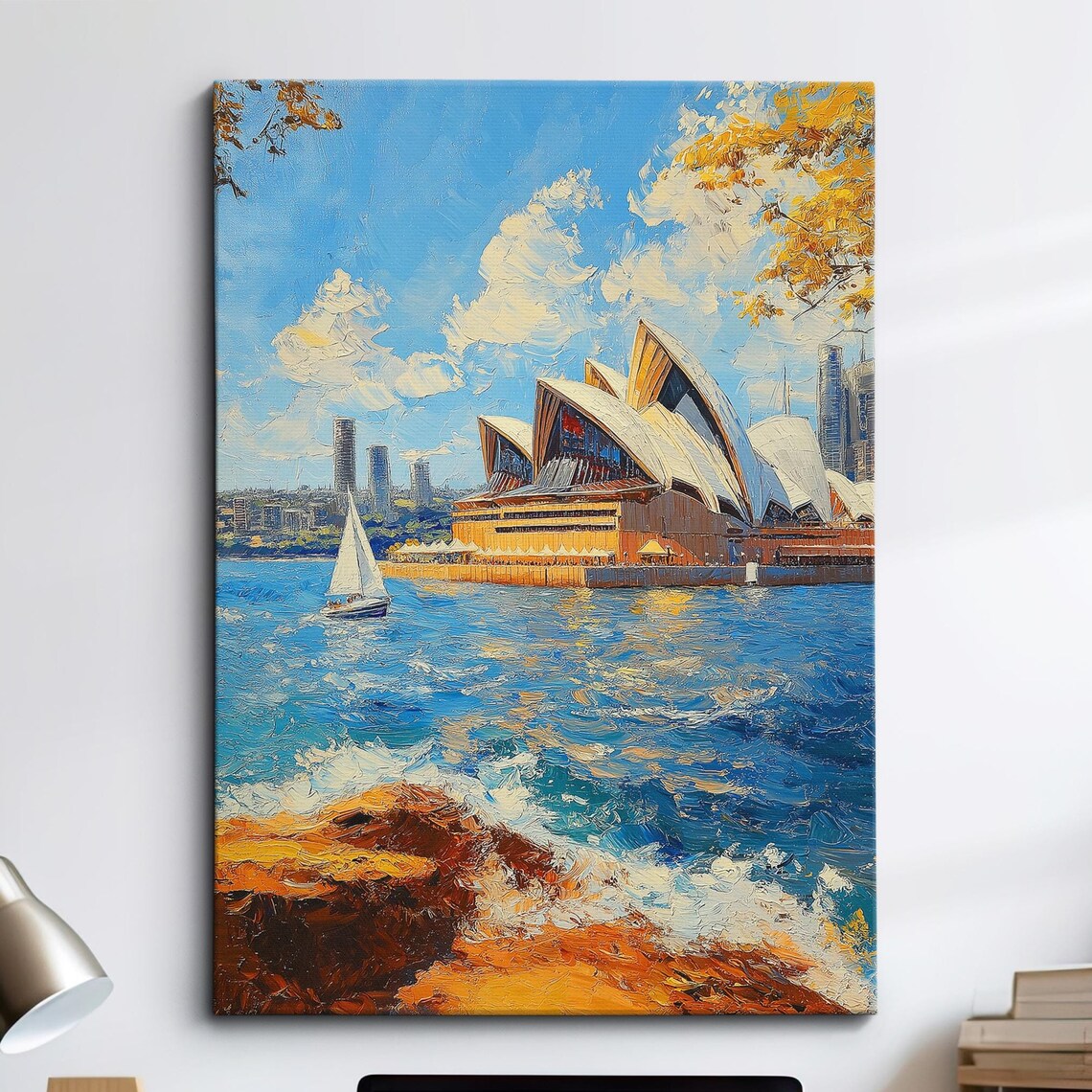 Sydney Opera House Sailboat in Blue Waters Palette Knife Art Poster