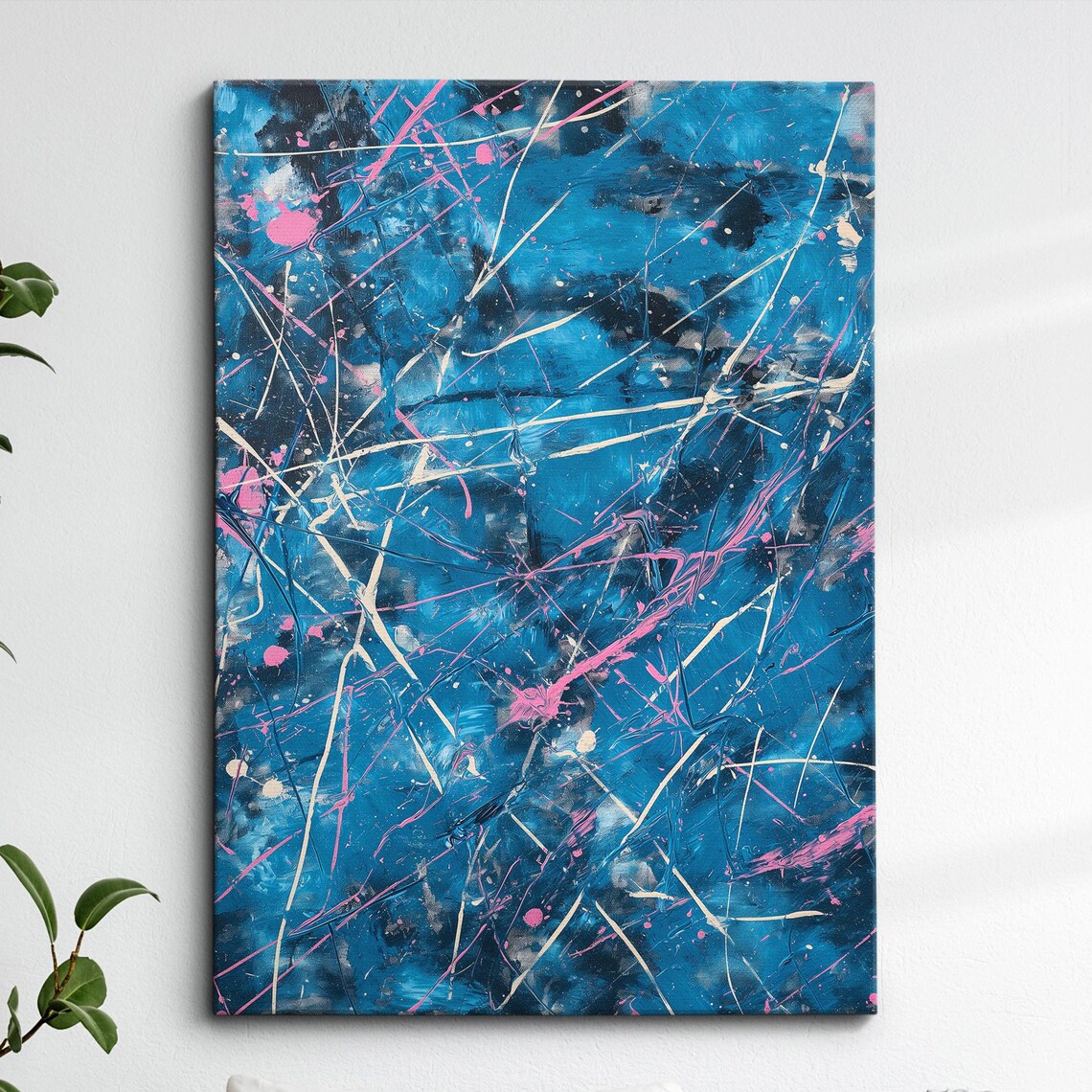 Teal Blue and Pink Dripped Paint Lines Abstract Canvas Poster