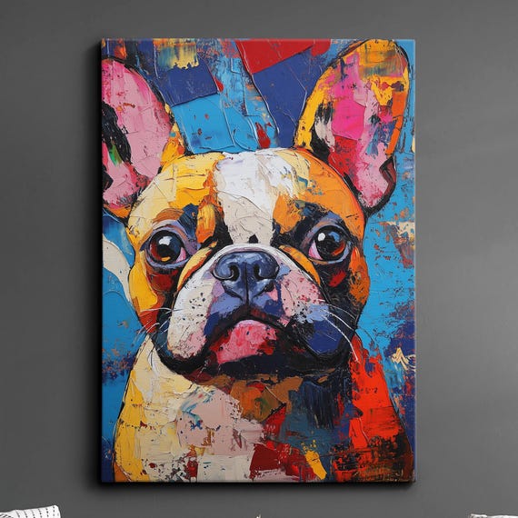 French Bulldog Paint Splash Dog Pet Abstract Modern Painting Wall Art Oil Framed Canvas Poster Home Kitchen Office Room Decor