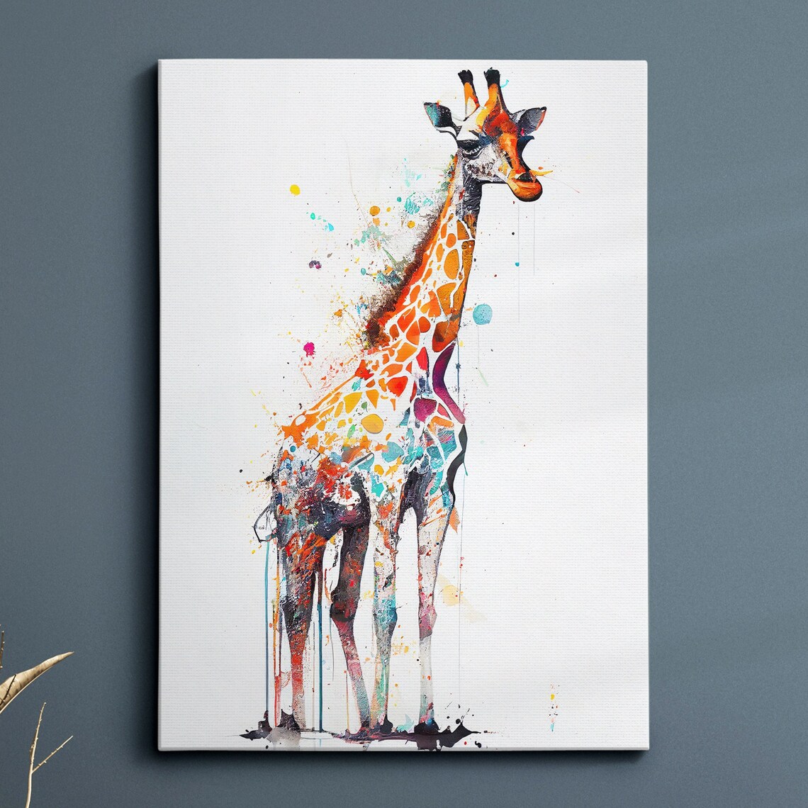 Colorful Giraffe Watercolor Paint Splatter Animal Canvas Poster