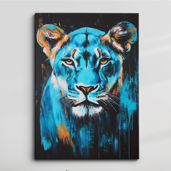 Blue Lioness Front Facing Portrait Orange Accent Wildlife Art Print