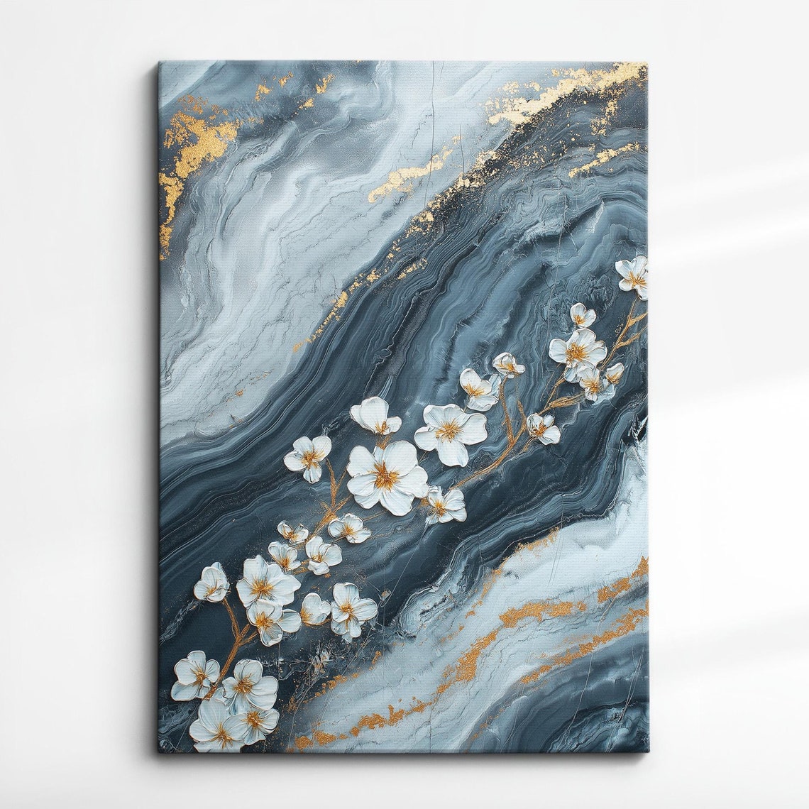 Grey Marble White Cherry Blossom Gold Vein Abstract Art Poster