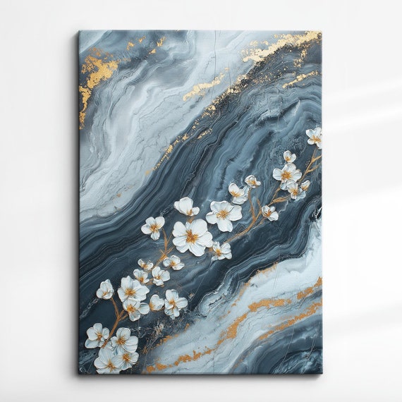 Modern Abstract Blue Gold Minimalist Floral Oil Painting Wall Art Framed Canvas Poster Print Home Living Room Decor Gift Ideas
