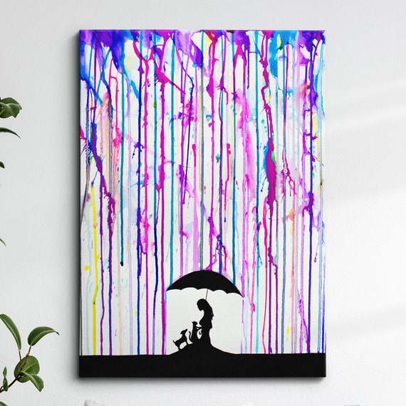 Dog Lover Umbrella Raining Dripping Abstract Oil Painting Wall Art Framed Canvas Poster Print Home Kitchen Office Bedroom Decor