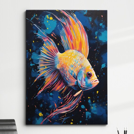 Bright Colorful Fish Animal Abstract Paint Splash Modern Painting Wall Art Framed Canvas Poster Print Homeoffice Room Decor Gift