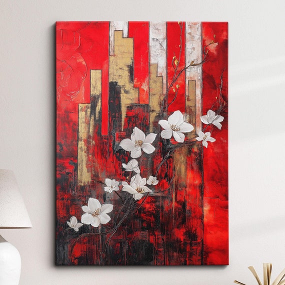 Modern Abstract Red Black Floral Cityscape Geometric Oil Painting Wall Art Framed Canvas Poster Print Home Living Room Decor Gift