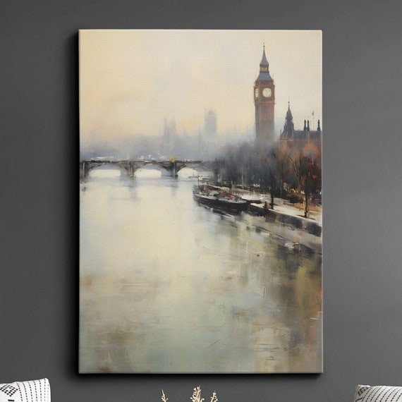 London Big Ben River Thames Uk Retro Vintage Abstract Oil Modern Painting Wall Art Framed Canvas Poster Print Home Living Room Decor Gifts