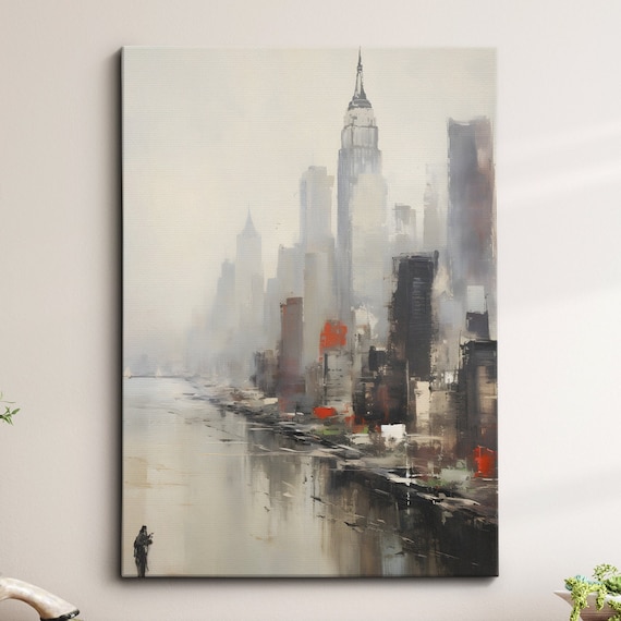 Misty New York City Foggy Skyline Abstract Oil Painting Poster