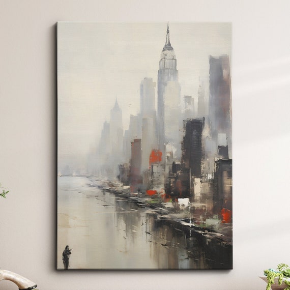 New York City Sunset Skyline Retro Vintage Abstract Oil Modern Painting Wall Art Framed Canvas Poster Print Home Living Room Decor Gifts