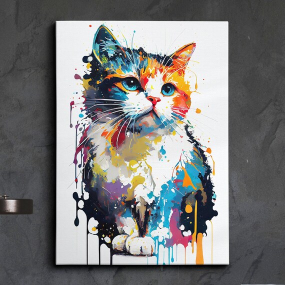 Colorful Splatter Cat Portrait Whimsical Modern Pet Art Poster