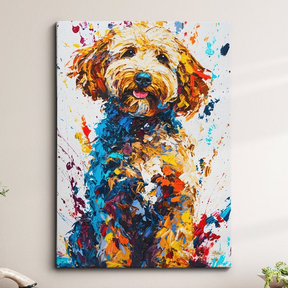 Colorful Cockapoo Fun Animal Dog Pet Lover Abstract Oil Painting Wall Art Framed Canvas Poster Print Home Kitchen Living Room Decor Gift