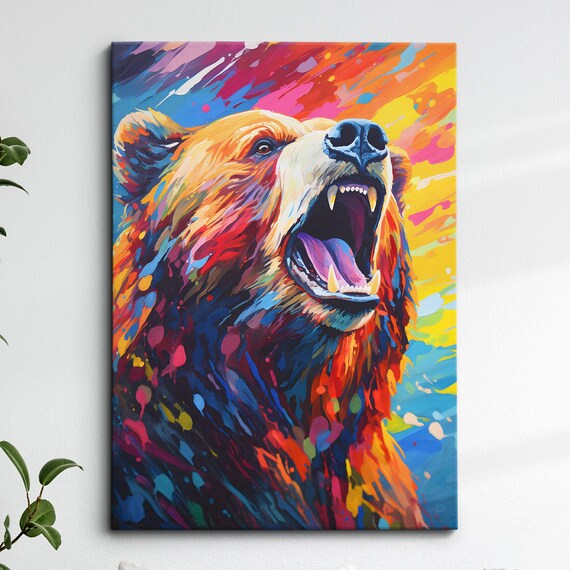 Colorful Grizzly Bear Animal Abstract Oil Painting Splatter Style Wall Art Framed Canvas Poster Print Home Kitchen Office Room Decor Gifts