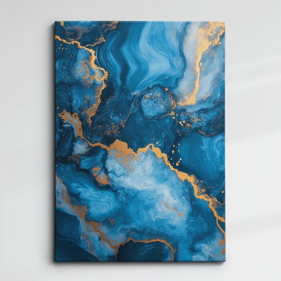 Modern Abstract Blue Gold Marble Effect Geometric Oil Painting Wall Art Framed Canvas Poster Print Home Living Room Decor