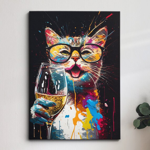 Funny Cat With Glasses Cheers Champagne Toast Pop Art Wall Print