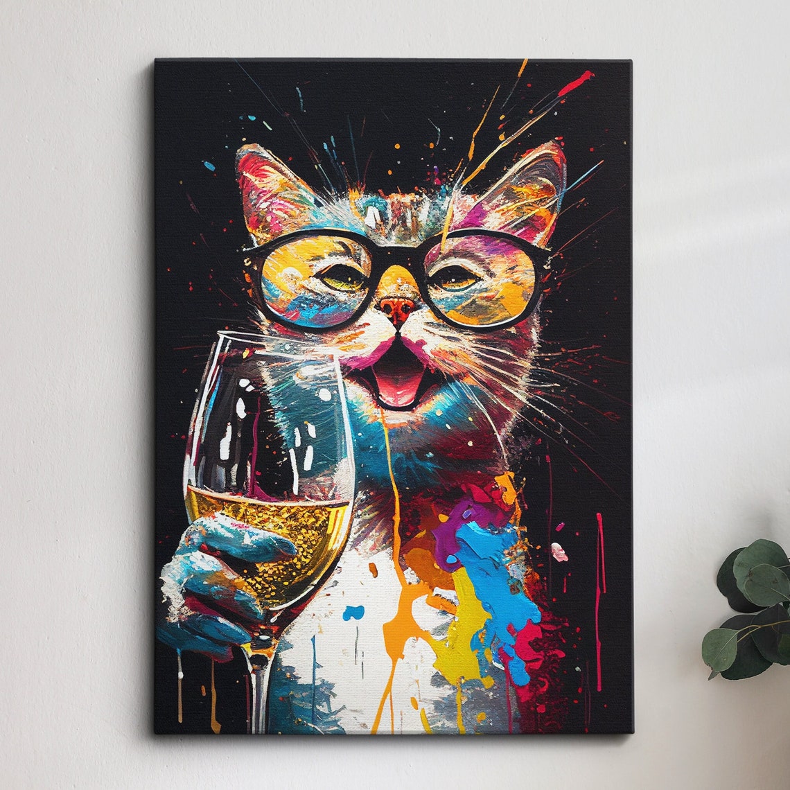 Funny Cat With Glasses Cheers Champagne Toast Pop Art Wall Print