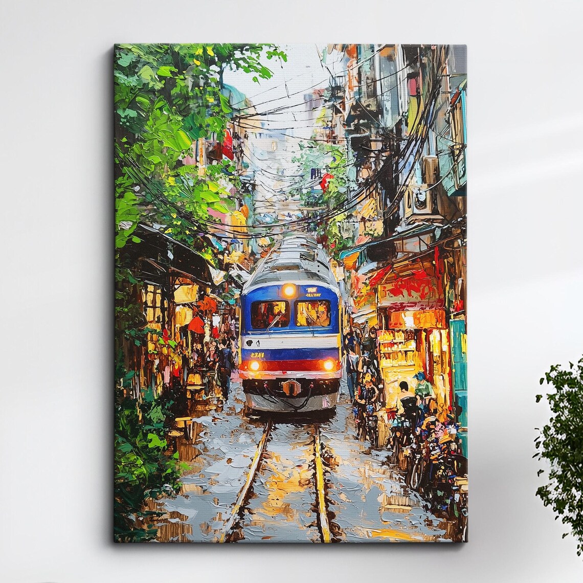 Hanoi Train Street Oil Painting Palette Knife Style Vietnam Wall Art Framed Canvas Poster Print Kitchen Living Room Home Decor Gifts