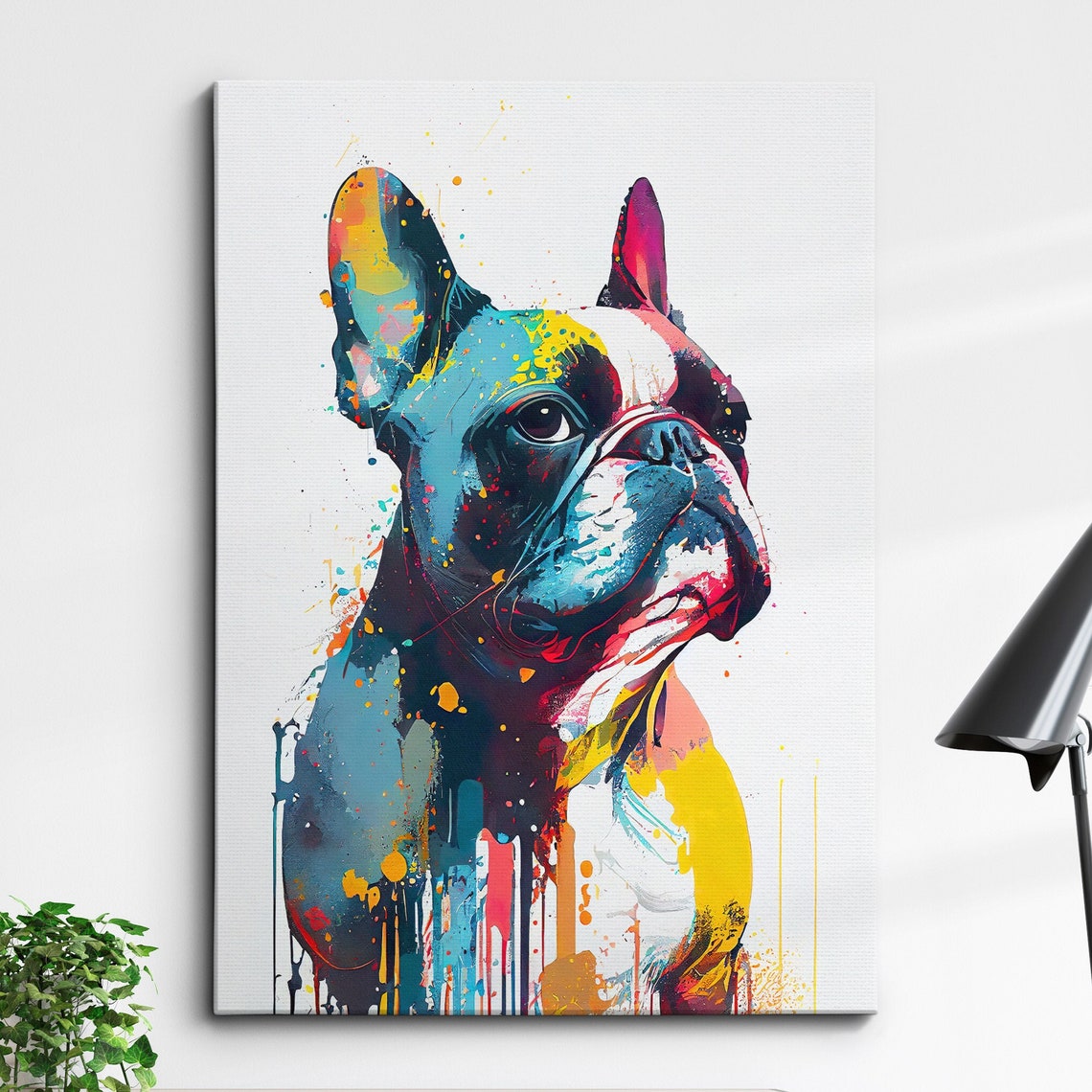 Colorful French Bulldog Dog Pet Abstract Modern Oil Painting Wall Art Framed Canvas Poster Print Home Kitchen Office Room Decor Gifts