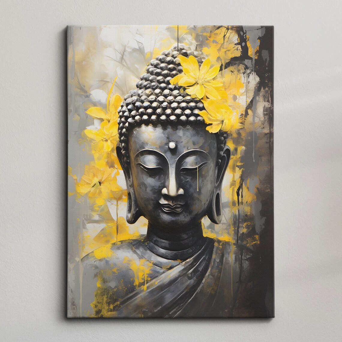 Buddha Portrait Grey and Gold Oil Painting Spiritual Wall Art