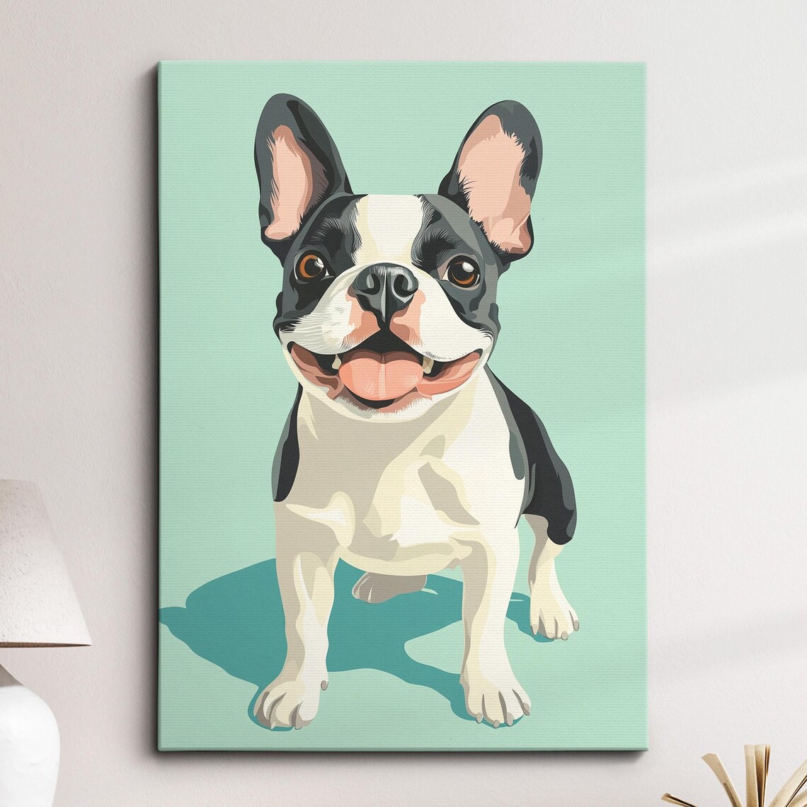 Happy Smiling French Bulldog Portrait Modern Mint Green Puppy Poster