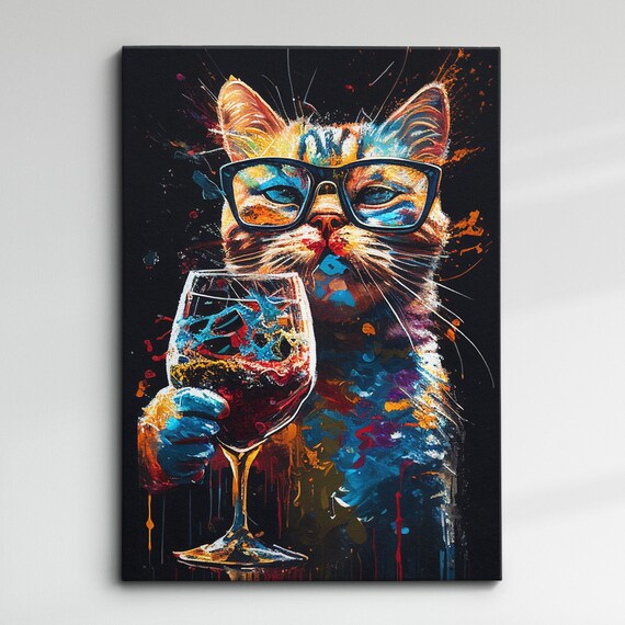 Cool Cat With Glasses Holding Wine Glass Colorful Pop Art Poster