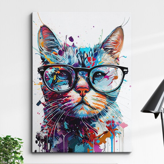 Colorful Cat With Glasses Abstract Paint Splash Poster Artwork