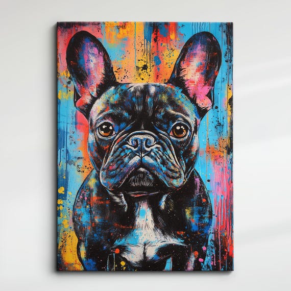 French Bulldog Paint Splash Dog Pet Abstract Modern Painting Wall Art Oil Framed Canvas Poster Print Home Kitchen Office Decor