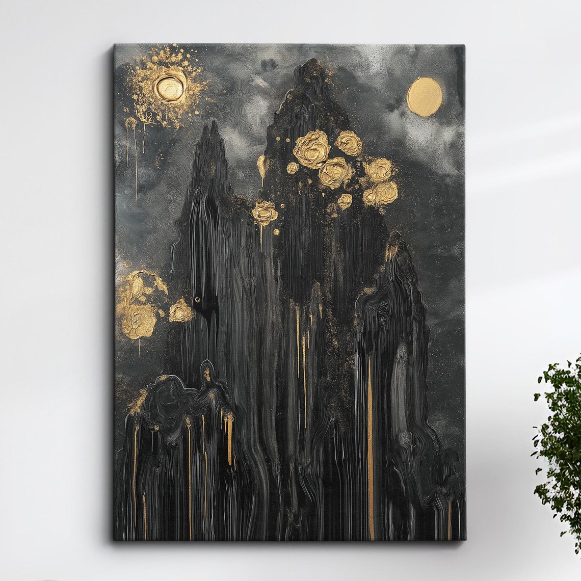 Black Gold Roses And Golden Moons Dark Abstract Canvas Poster Art