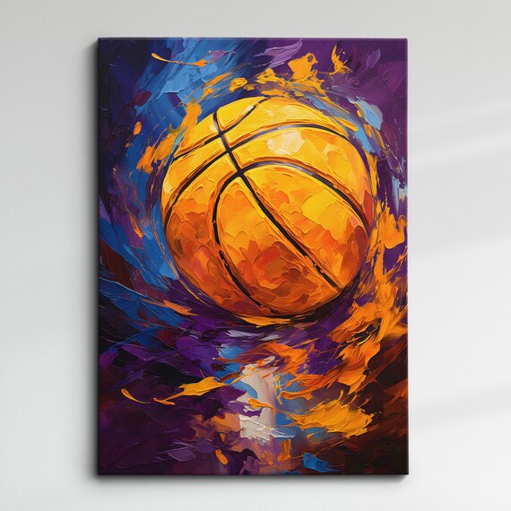 Basketball Abstract Oil Painting Purple Orange Sports Action Poster