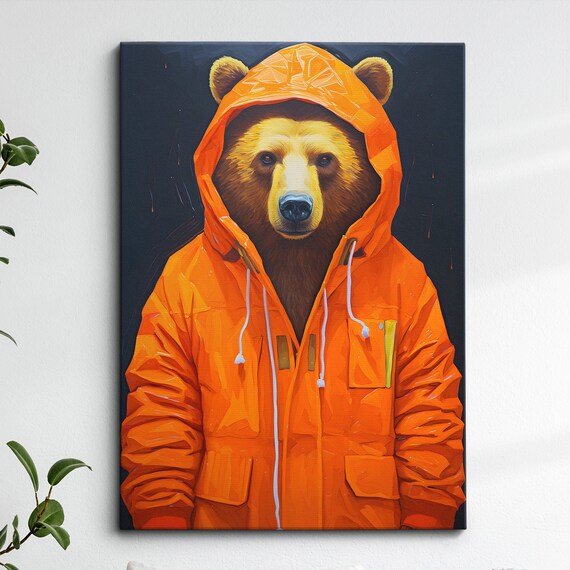 Bear With Coat Hood Animal Abstract Oil Painting Splatter Style Wall Art Framed Canvas Poster Print Home Kitchen Office Room Decor Gifts