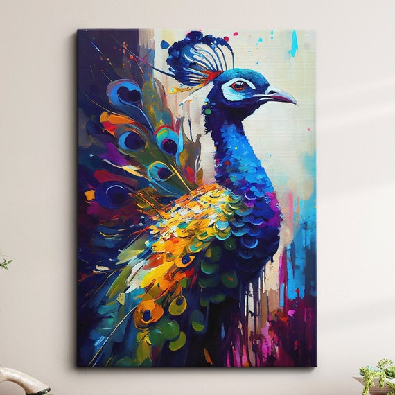 Beautiful Peacock Animal Abstract Bird Oil Painting Splatter Style Wall Art Framed Canvas Poster Print Homeoffice Room Decor Gifts