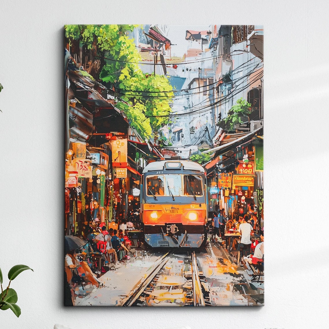 Hanoi Train Street Oil Painting Palette Knife Style Vietnam Wall Art Framed Canvas Poster Print Kitchen Living Room Home Decor Gifts