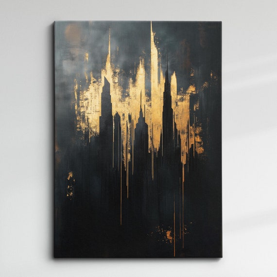 Modern Abstract Black Gold Minimalist Geometric Oil Painting Wall Art Framed Canvas Poster Print Home Living Room Decor Gift Ideas