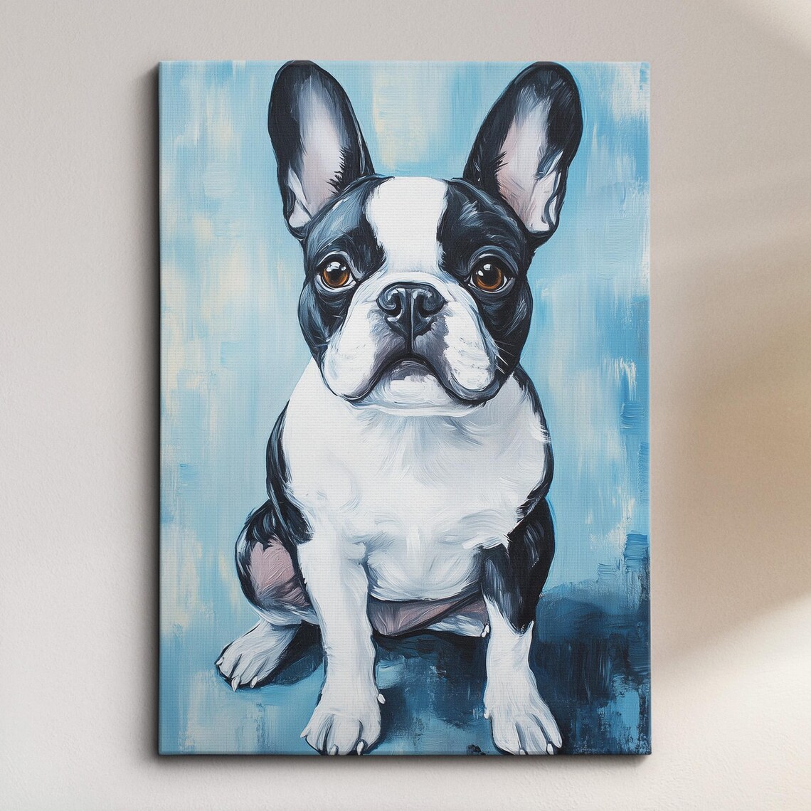 French Bulldog Puppy Oil Painting Portrait on Light Blue Poster