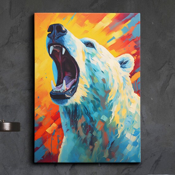Colorful Polar Bear Animal Abstract Oil Painting Splatter Style Wall Art Framed Canvas Poster Print Home Kitchen Office Room Decor Gifts