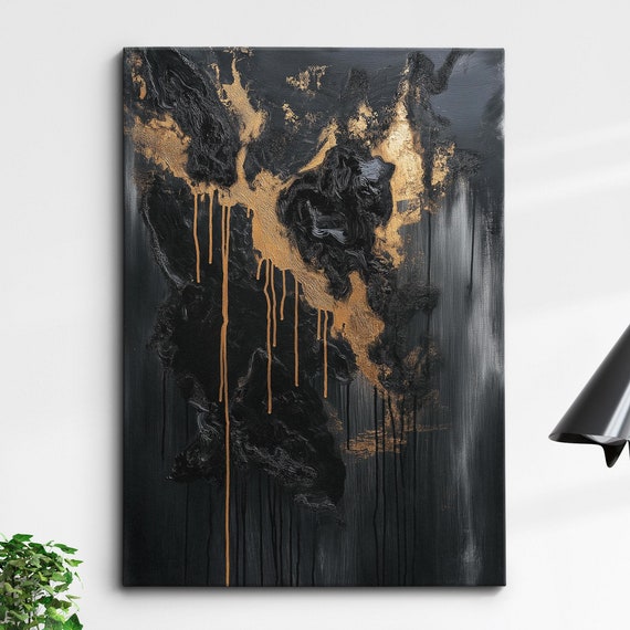 Modern Abstract Black Gold Minimalist Geometric Oil Painting Wall Art Framed Canvas Poster Print Home Living Room Decor Gift Ideas