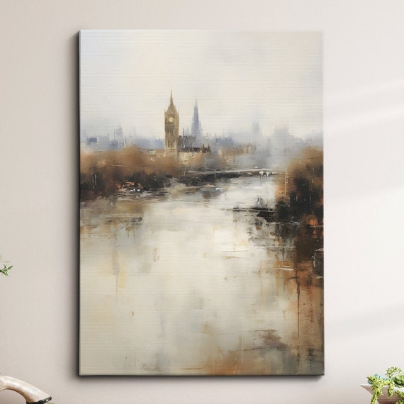 London Bridge River Thames Uk Retro Vintage Abstract Oil Modern Painting Wall Art Framed Canvas Poster Print Home Living Room Decor Gifts