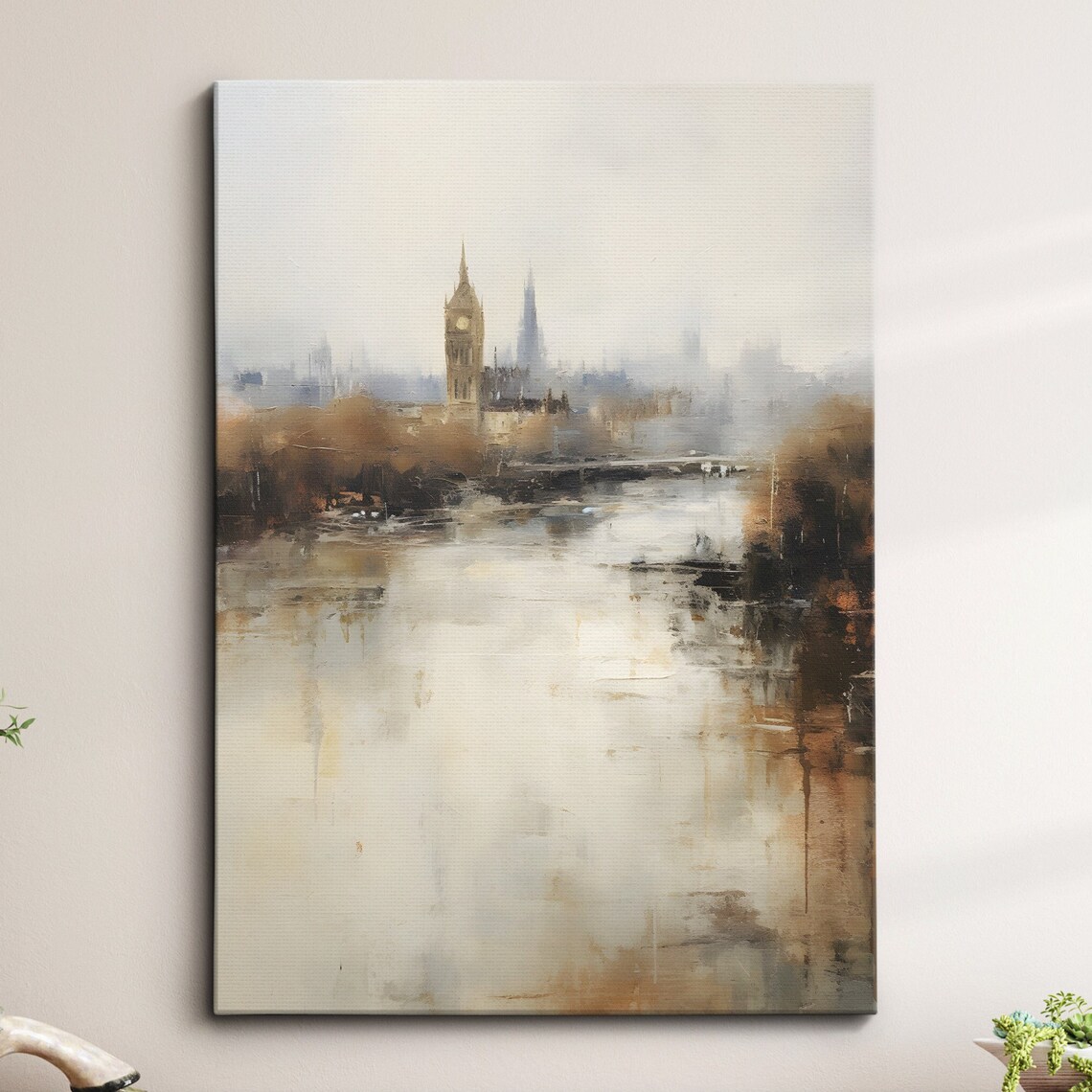 Misty London Big Ben Over the River Thames Abstract Art Poster