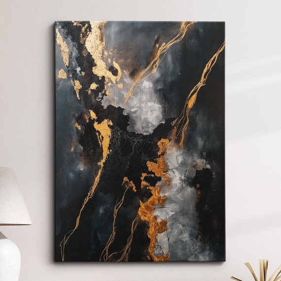 Modern Abstract Black Gold Minimalist Geometric Oil Painting Wall Art Framed Canvas Poster Print Home Living Room Decor Gift Ideas