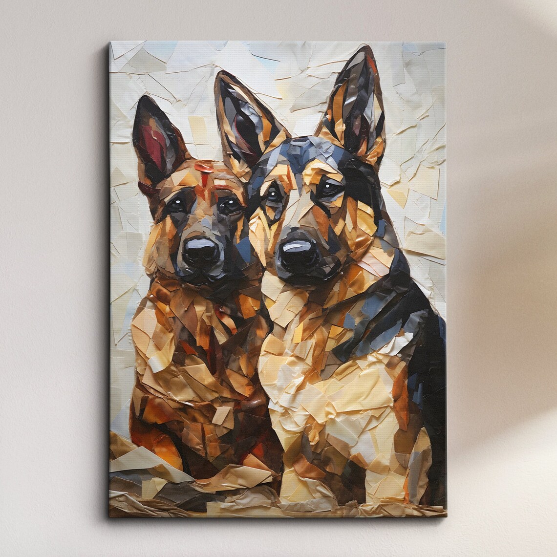 Two German Shepherds Paper Mache Collage Mosaic Dog Art Poster