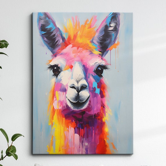 Colorful Fun Llama Animal Abstract Oil Painting Splatter Style Wall Art Framed Canvas Poster Print Home Kitchen Office Room Decor Gifts