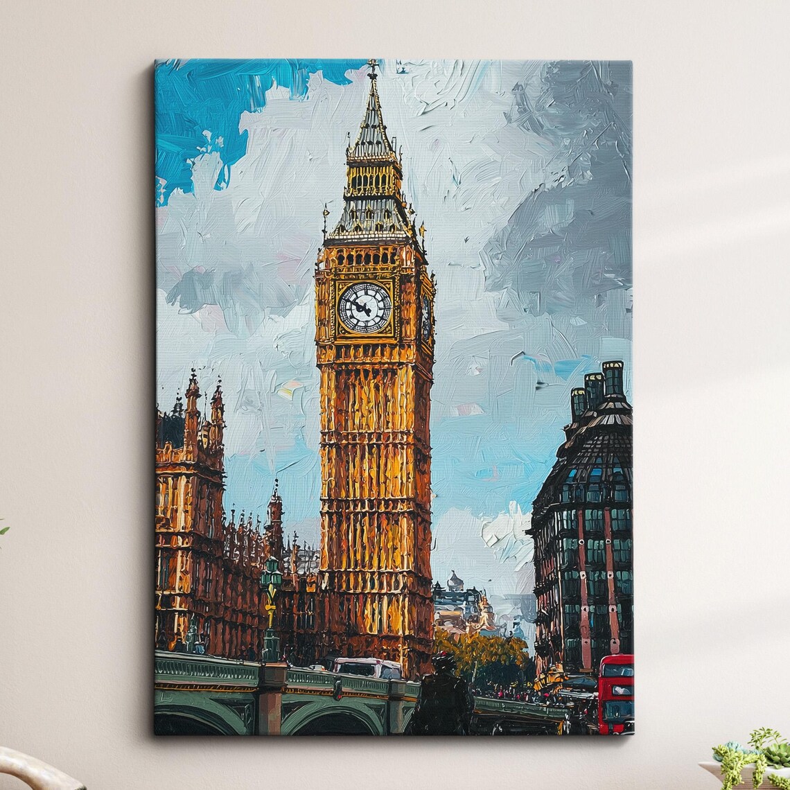 Big Ben London Oil Painting Poster with Moody Clouds and Bus